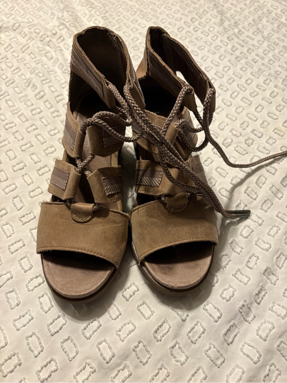 Sorel Brown Lace-Up Open-Toe Wedge Sandals